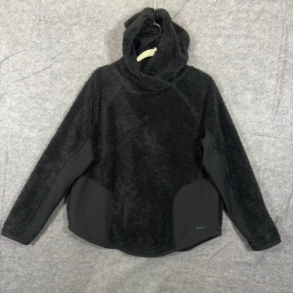 Nike Sherpa Fleece Thermal Hoodie Womens Sz L Black Lined Pockets